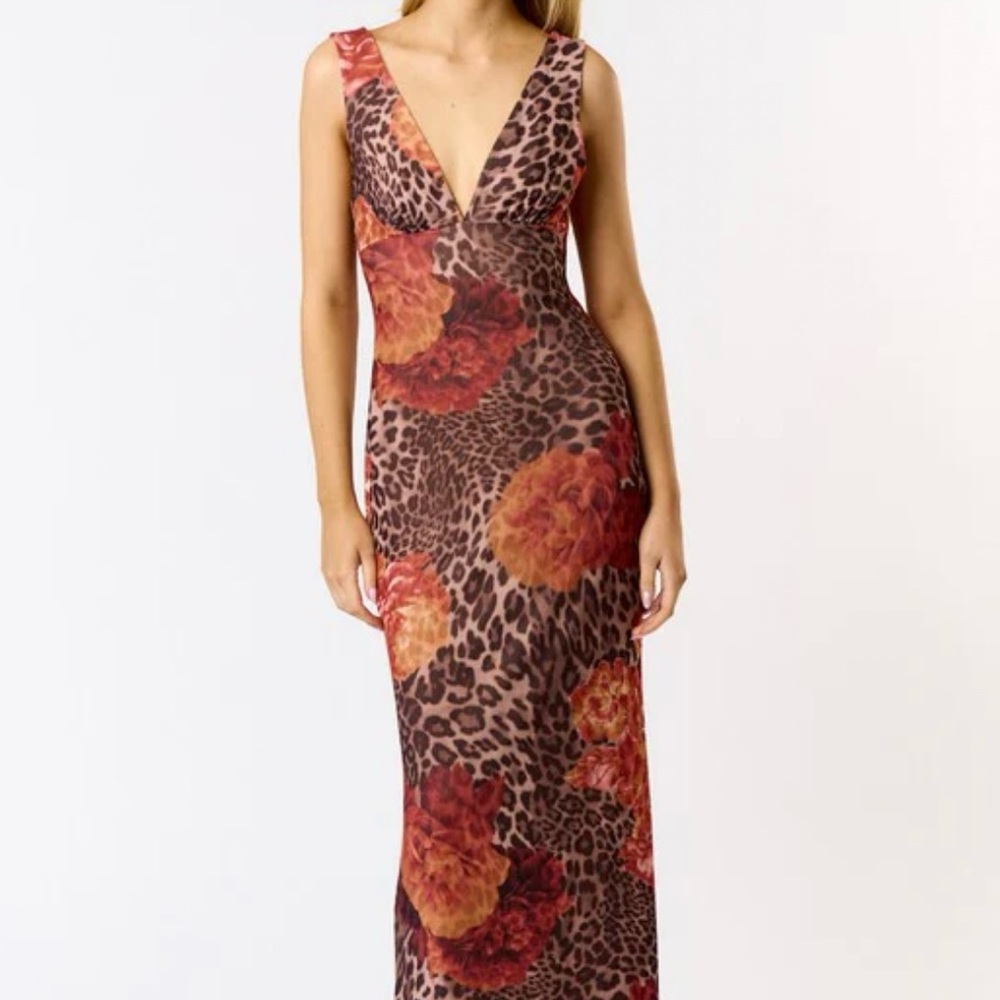 NWOT Size Medium Blue Blush Leopard Print Dress with Orange Floral Details